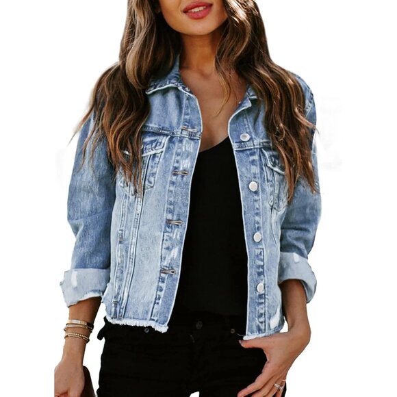 Jackets & Blazers - Women's Denim Jacket Long Sleeve Distressed Casual Ripped Blue Large